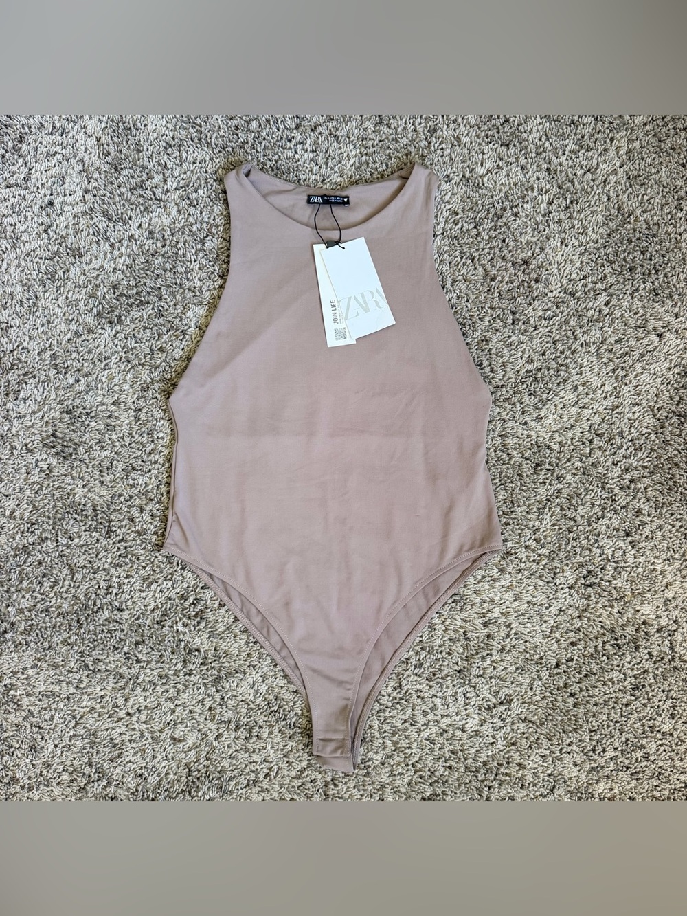 Zara NWT High Neck Bodysuit Size L Taupe